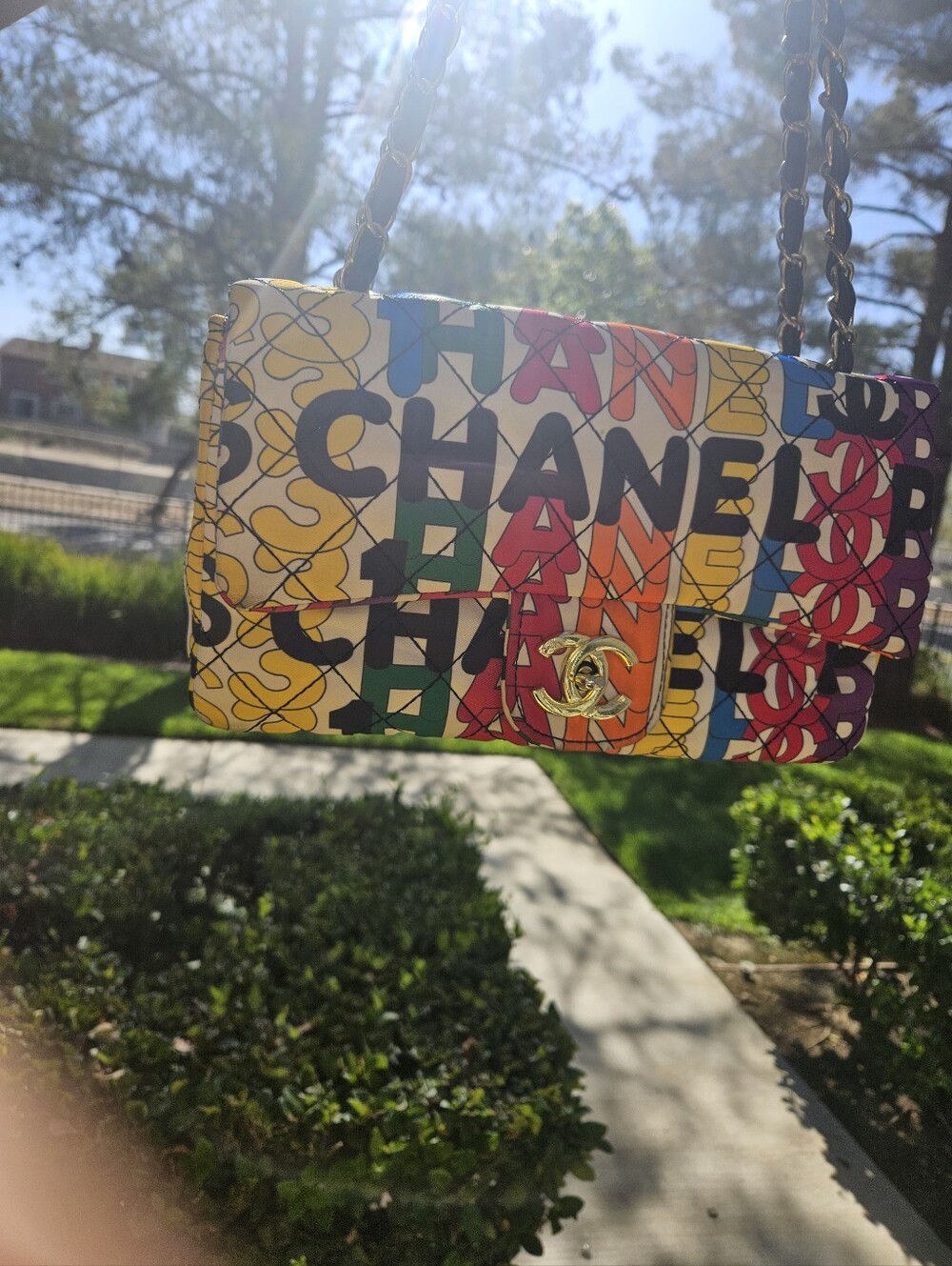 CHANEL Multicolor Logo Print Quilted Shoulder Bag with Gold Hardware